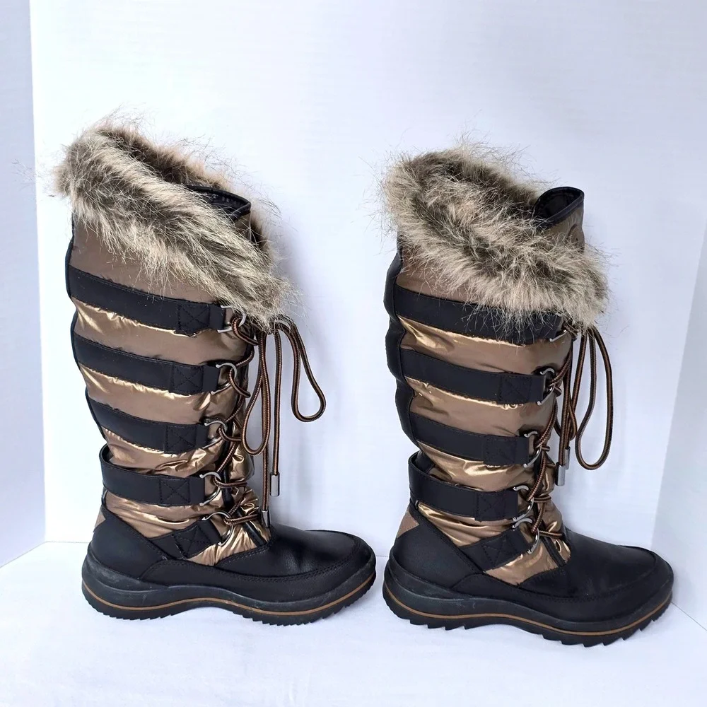 GUESS Hadly Womens Size 7M Tall Winter Boots Bronze Black Faux Fur Lace Up